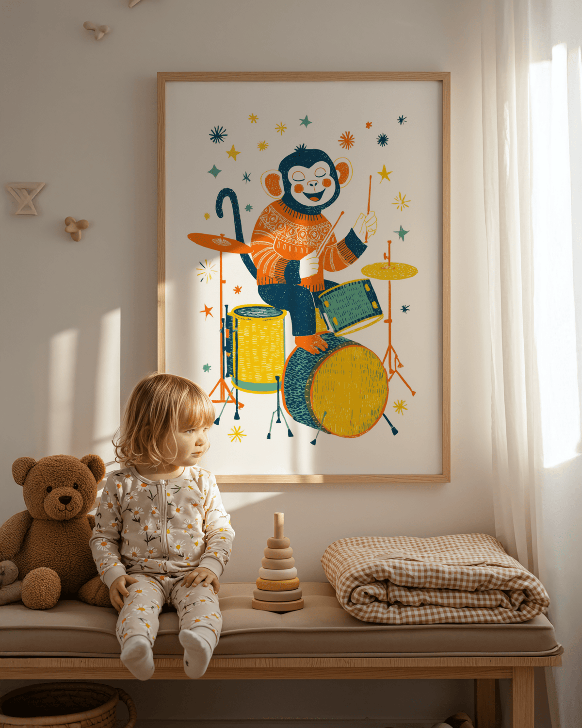 Monkey Drummer Art Print, Multicolored, for creative music studio artwork
