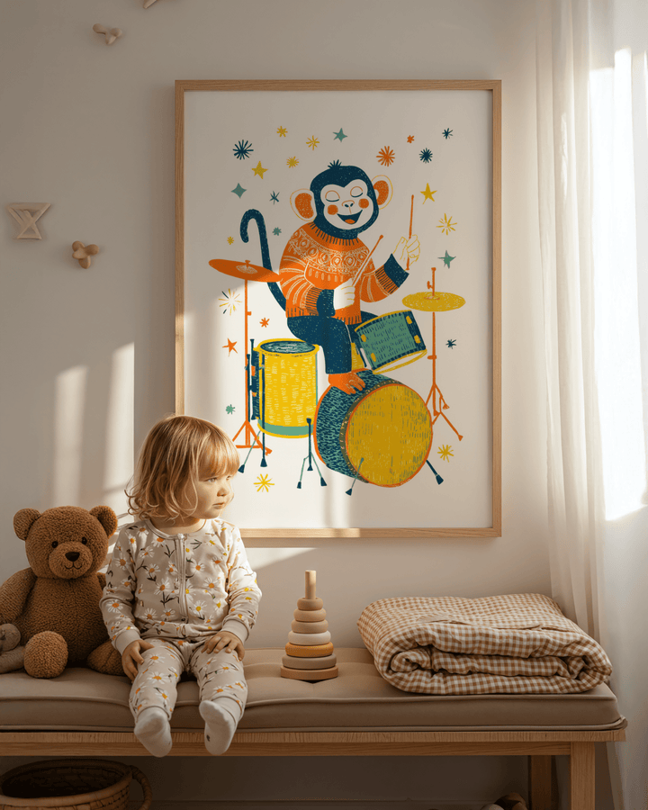 Monkey Drummer art print of a monkey playing drums in orange and yellow above a teddy bear in a child's room