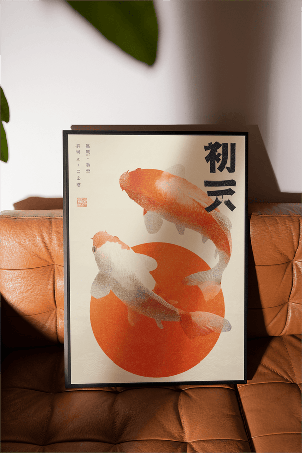 Koi Fish Wall Art poster in red, orange, beige for office wall