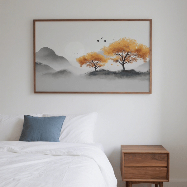 Contemporary Autumn Tree Wall Art in orange, black, and white tones decor