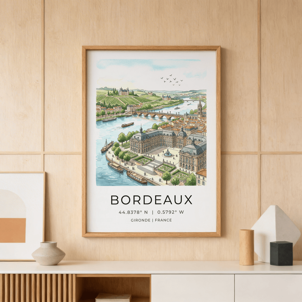 Illustrated Bordeaux city wall art print with riverside buildings, formal gardens, and a stone bridge