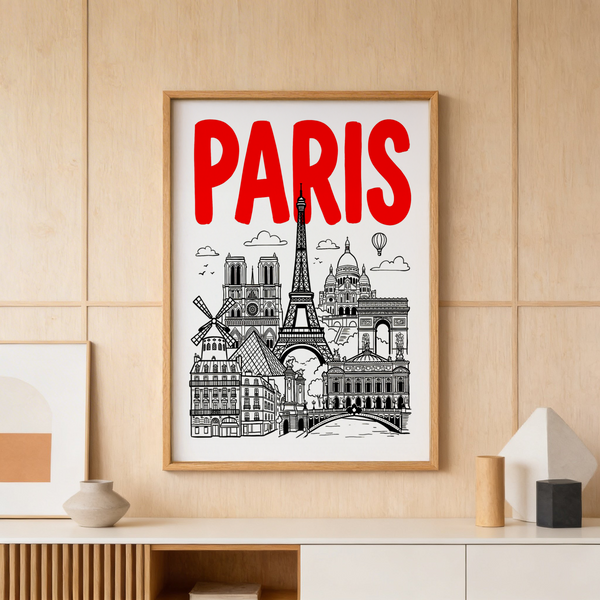 Framed Paris City Art Print on a minimalist white wall