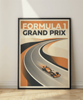 Close-up of Formula 1 Grand Prix poster typography reading FORMULA 1 and GRAND PRIX