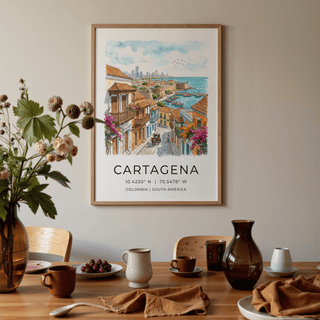 Architectural travel poster print with colorful facades, flowering vines, and a street leading to the sea