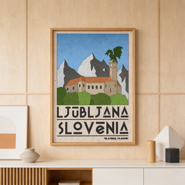 Ljubljana Slovenia Art Print with vintage travel poster lettering and coordinate numbers