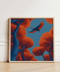 Fyling Bird Wall Decor decorative art print with blue sky and red treetops for study