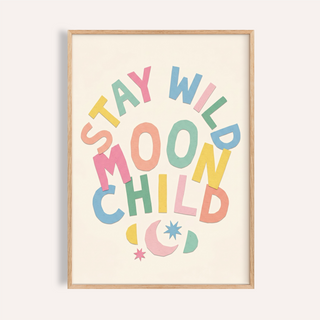 Playful Moon Child Wall Art poster with arched “STAY WILD” text and crescent moon