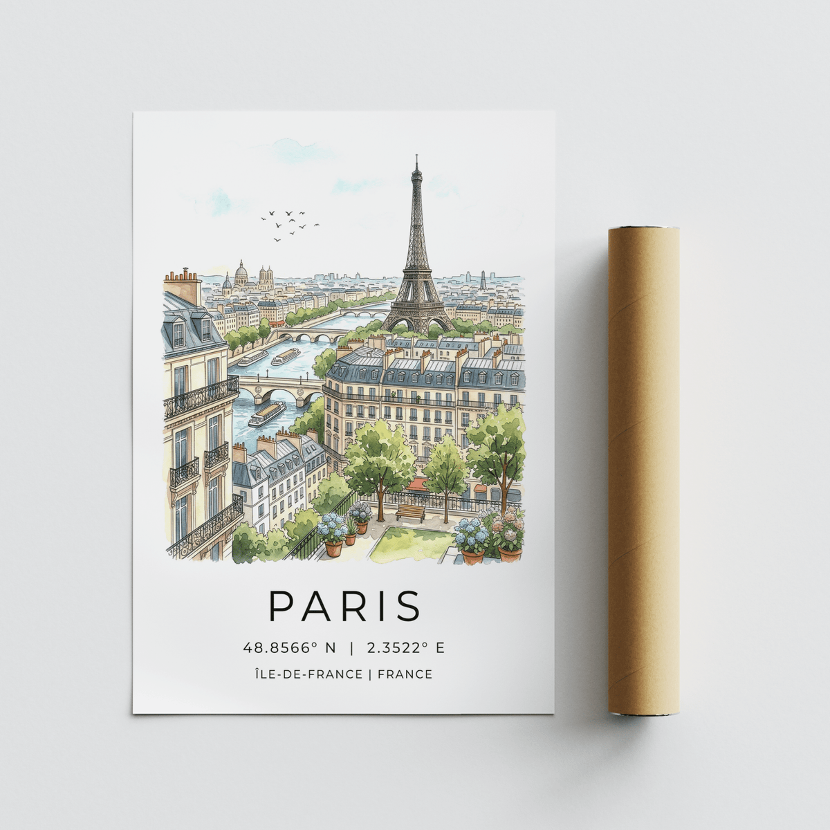 Travel wall art print of Paris with skyline rooftops, river, and tower illustration