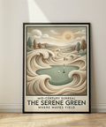Vintage-style golf print showing ball, cup, and Nº 9 flag on a green surrounded by curling dunes