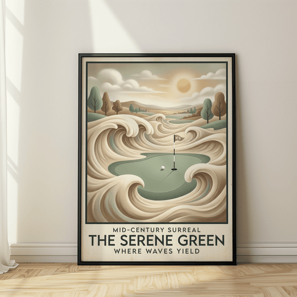 Vintage-style golf print showing ball, cup, and Nº 9 flag on a green surrounded by curling dunes