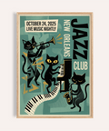 Featured New Orleans Music Poster with black cats playing jazz instruments