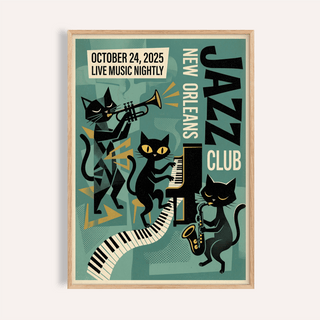 Featured New Orleans Music Poster with black cats playing jazz instruments