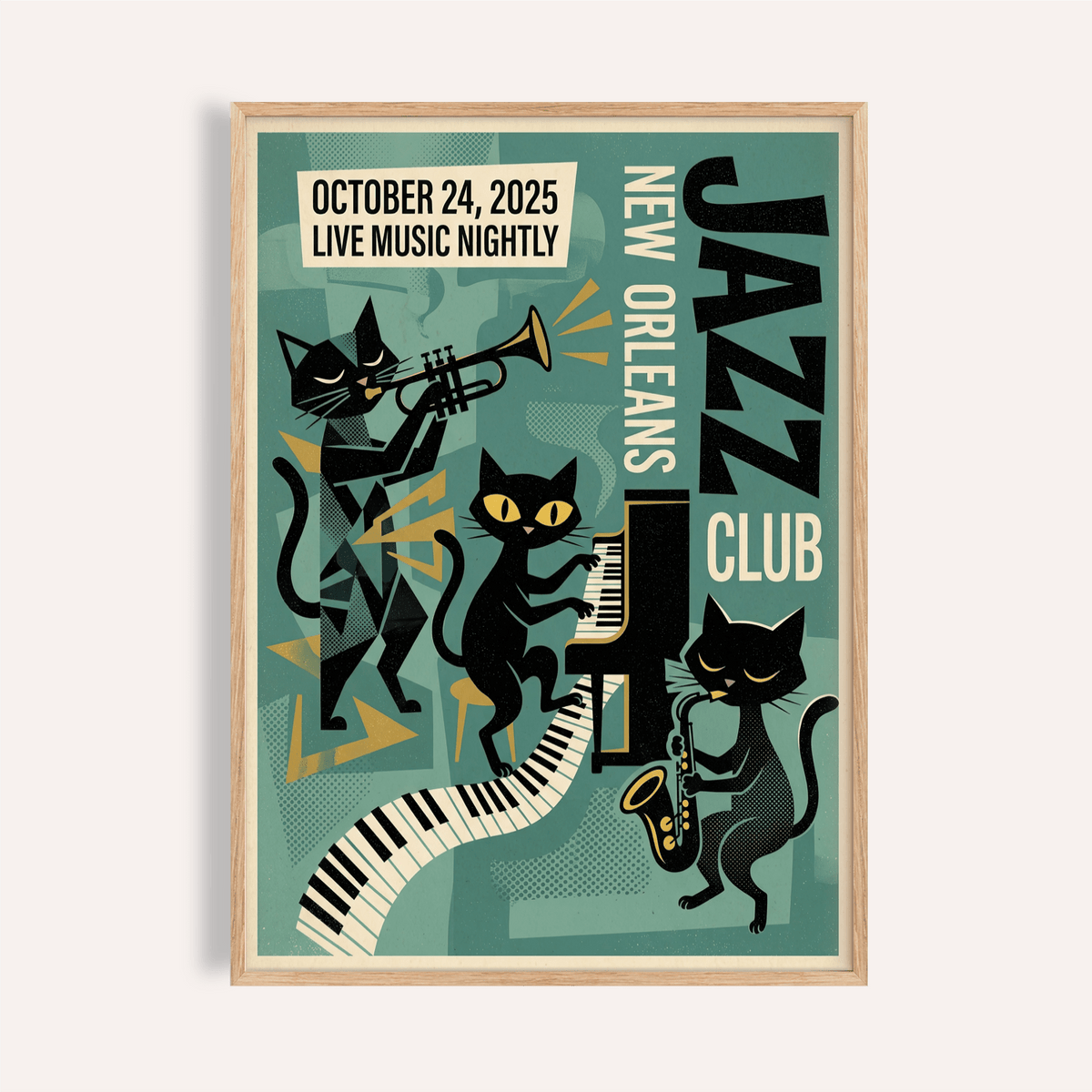 Featured New Orleans Music Poster with black cats playing jazz instruments