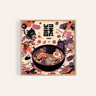 Cute Cat Ramen wall art print in Black White Purple Orange for kitchen