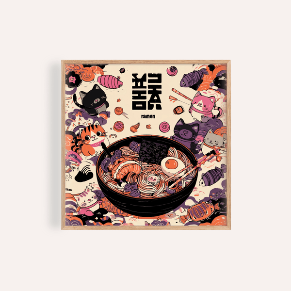 Cute Cat Ramen wall art print in Black White Purple Orange for kitchen