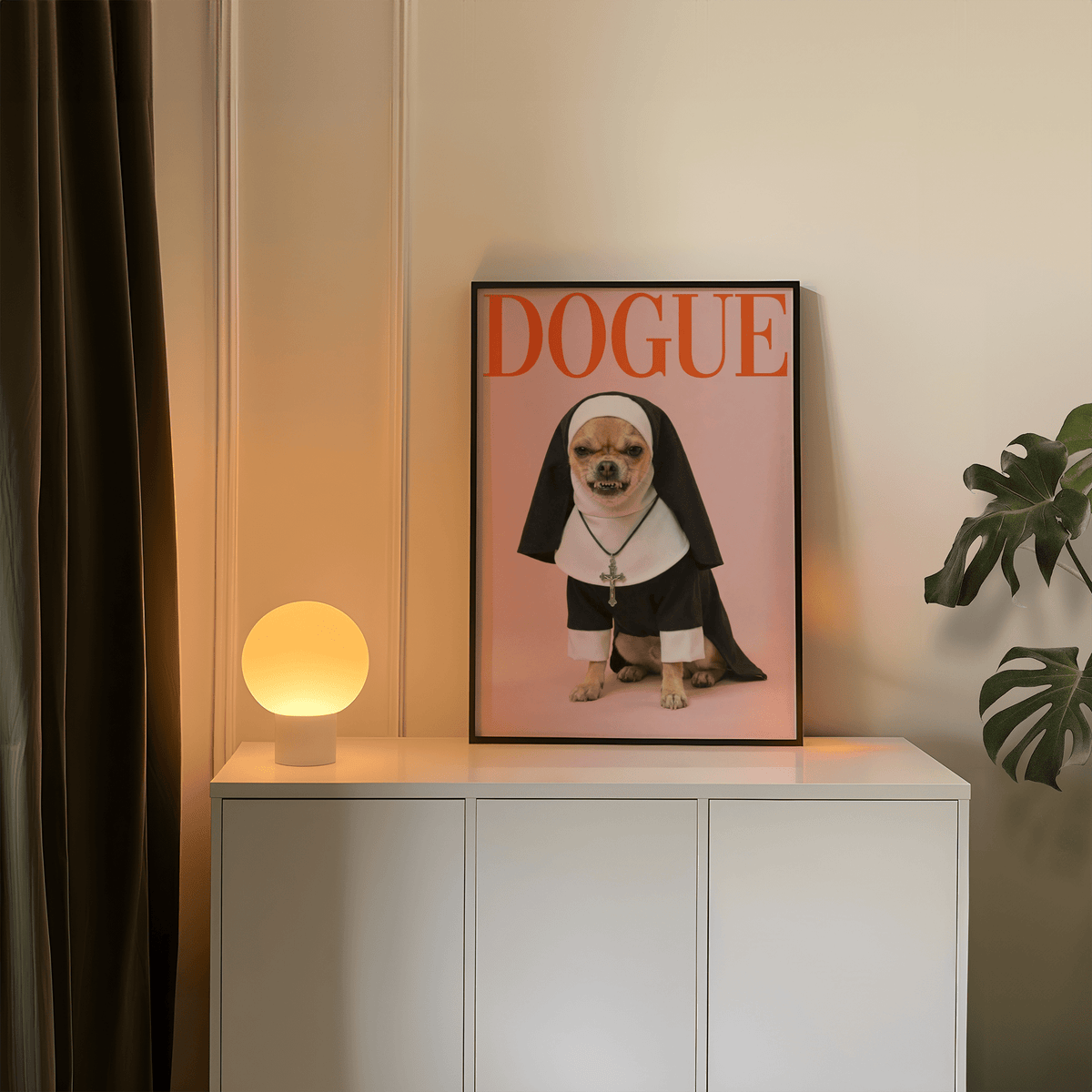 Chihuahua Nun Costume Art print ideal for gallery wall, Red accent, living room