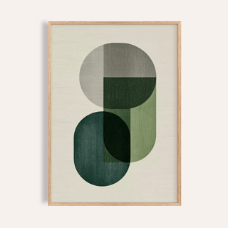 Framed close-up of Modern Poster Decor with overlapping green and grey geometric shapes