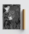 Bold Black Lion Wall Art poster featuring a lion face framed by foliage and grasses