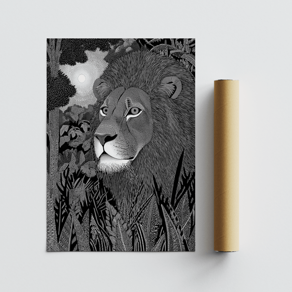 Bold Black Lion Wall Art poster featuring a lion face framed by foliage and grasses