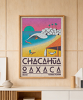 Vintage-style Mexican Beach Poster showing curved shoreline, surfboards, and rocky point with palms