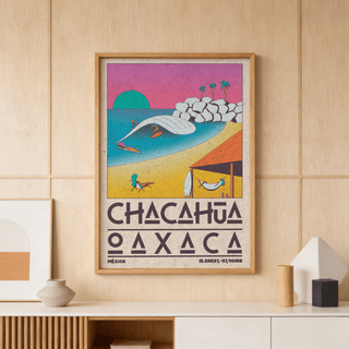 Vintage-style Mexican Beach Poster showing curved shoreline, surfboards, and rocky point with palms
