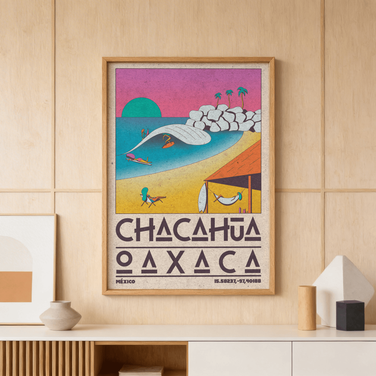 Vintage-style Mexican Beach Poster showing curved shoreline, surfboards, and rocky point with palms