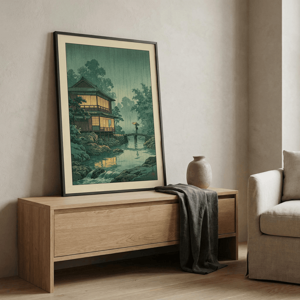 Japanese Landscape Wall Art print featuring an umbrella figure on a bridge over water