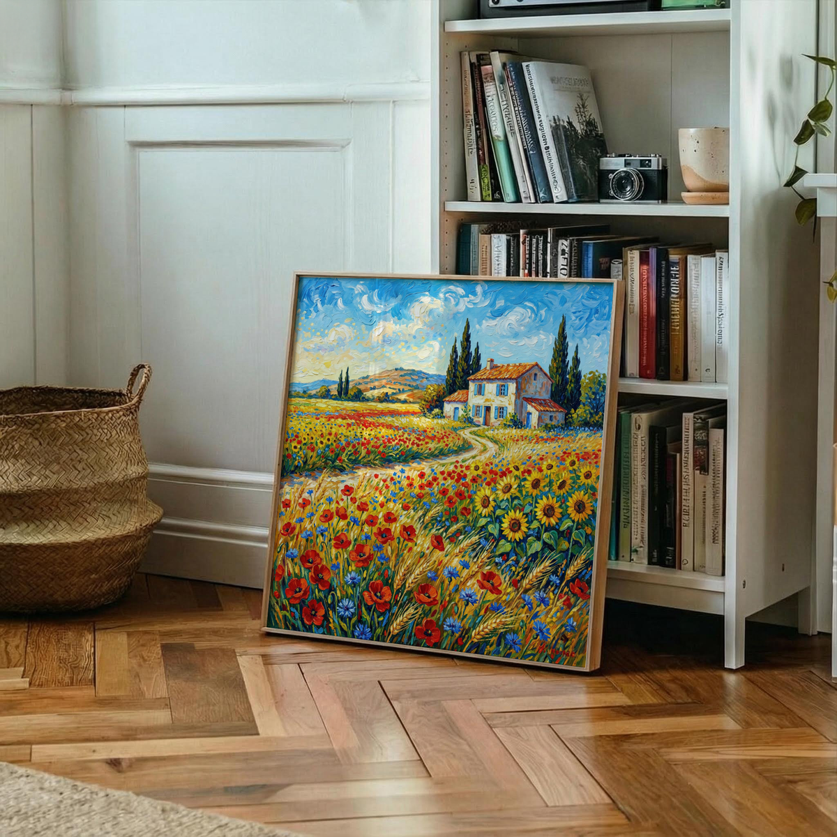 Vibrant Countryside Wall Art with green fields for office workspace