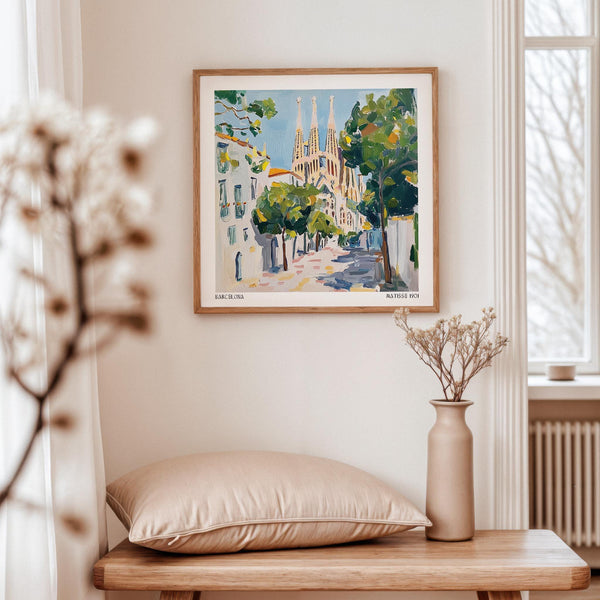 Expressive brushwork of Barcelona’s streets in Travel Wall Art style.