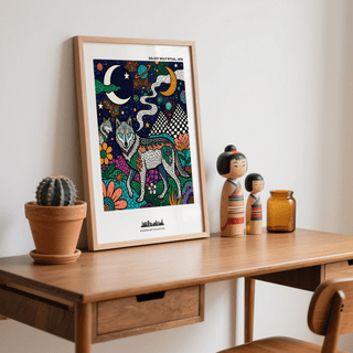 Wolf Galaxy Wall Art crop showing flowers, stars, and decorative mosaic textures
