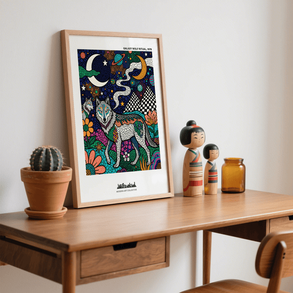 Wolf Galaxy Wall Art crop showing flowers, stars, and decorative mosaic textures