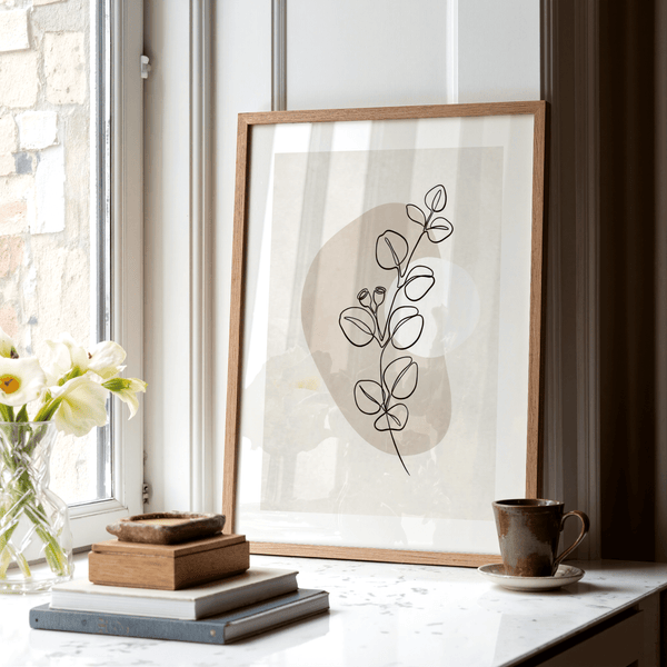 Framed room setting featuring Botanical Line Art Print on white wall
