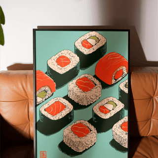 Sushi Art Print in Red, Green, Blue hues for dining room