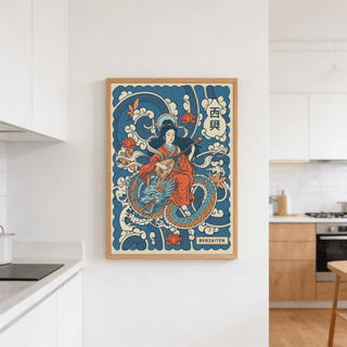 Japanese Goddess Wall Art displaying dramatic dragon head, flowing robes, and lotus flowers
