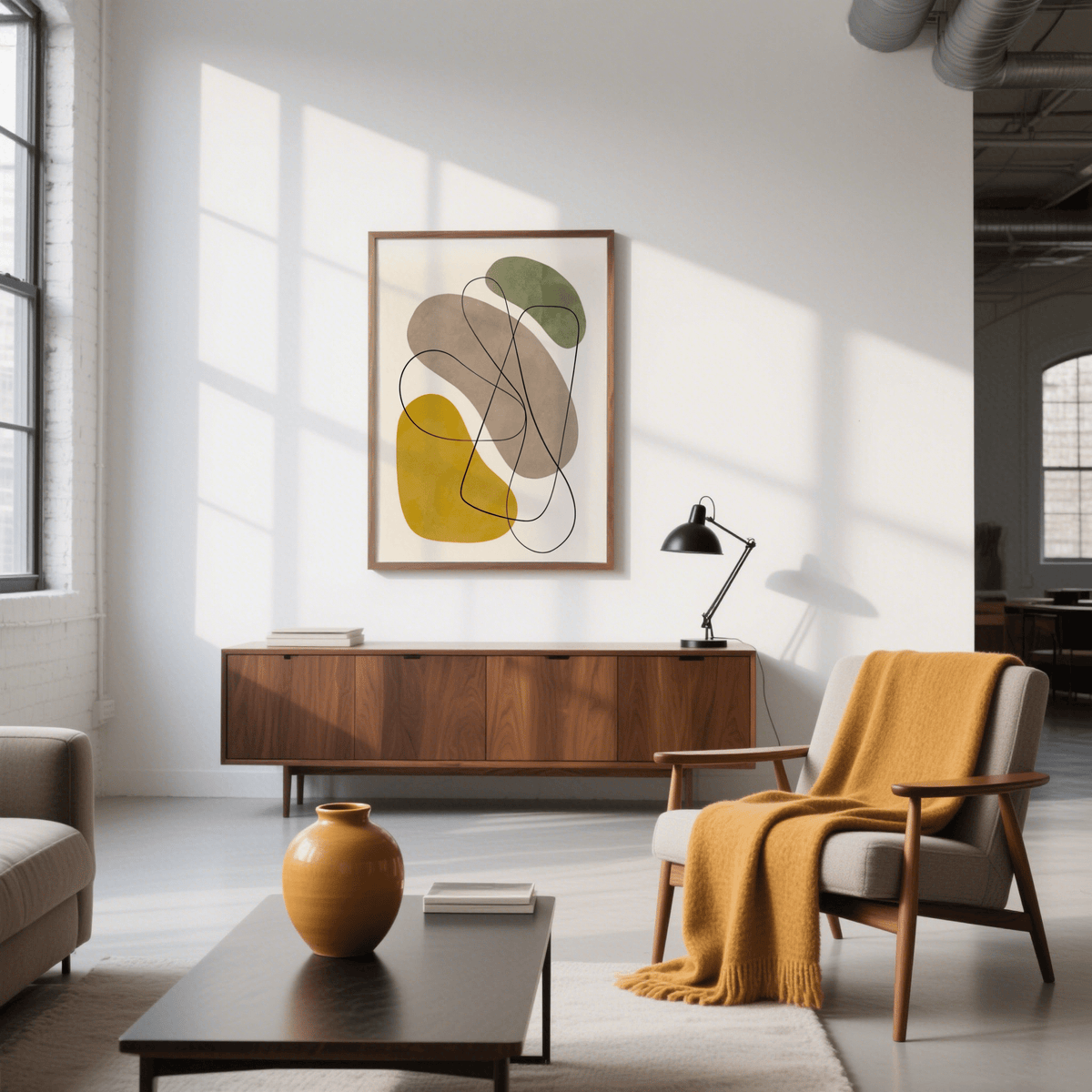 Geometric Abstract Poster featuring abstract Yellow, Green, Brown, Beige shapes for office