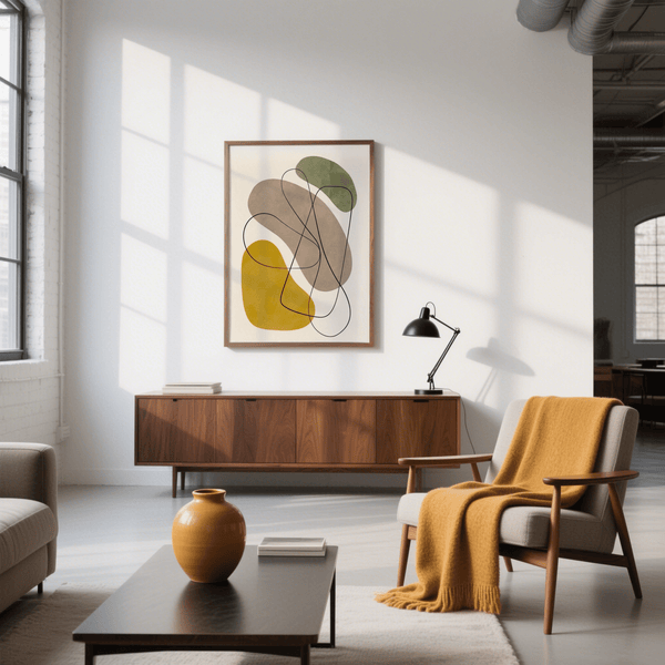 Geometric Abstract Poster featuring abstract Yellow, Green, Brown, Beige shapes for office