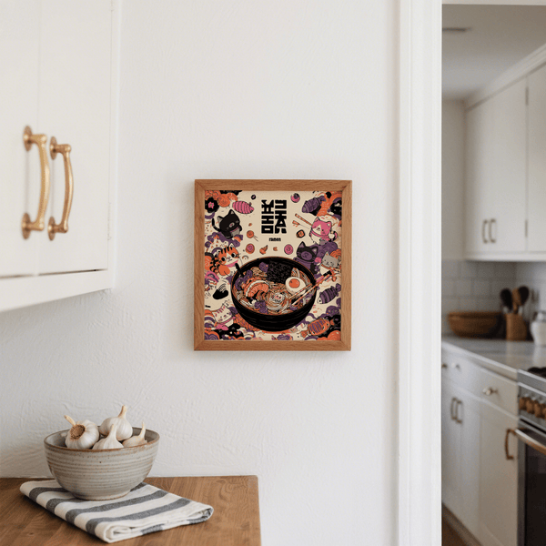 Cute Cat Ramen decor showing Black White Purple Orange in playful kitchen setting