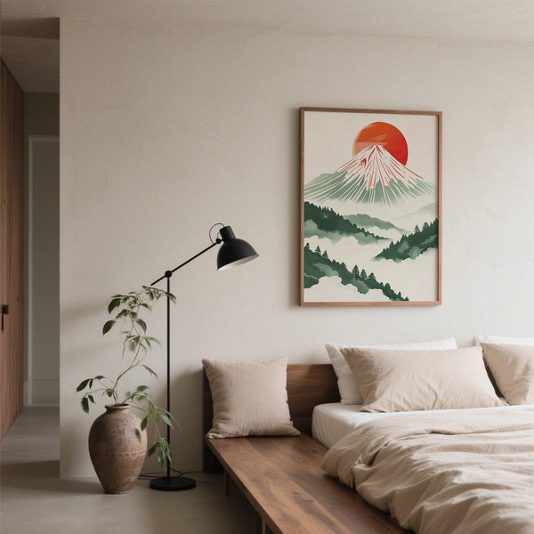 Stylized Fuji mountain landscape in Contemporary Japanese Prints style.