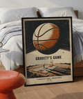 Orange, Beige, and Black poster art of lone player casting long shadow on sand court