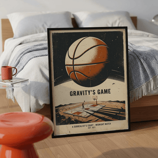 Orange, Beige, and Black poster art of lone player casting long shadow on sand court