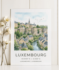 Luxembourg City Wall Art poster with watercolor city, birds, and river view