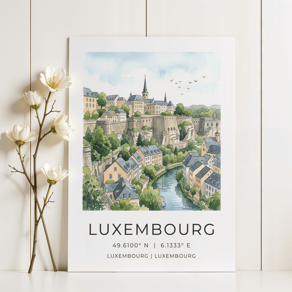 Luxembourg City Wall Art poster with watercolor city, birds, and river view