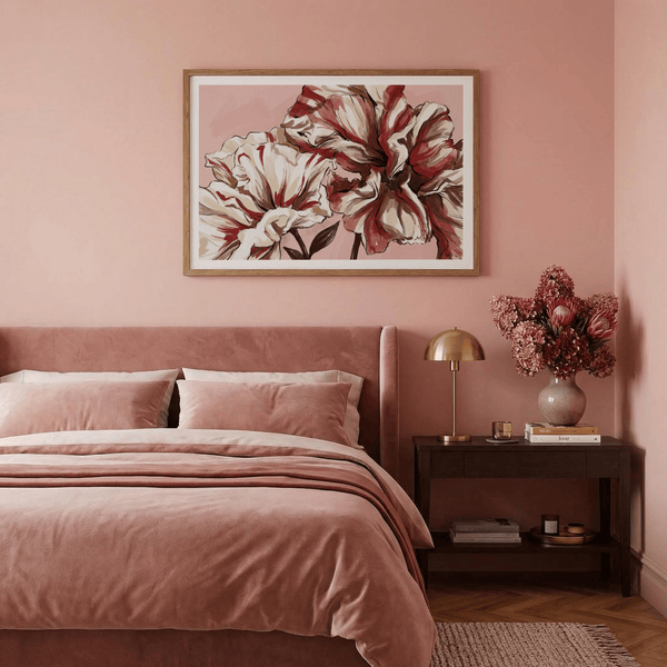 Painterly floral print poster showing two large overlapping flowers