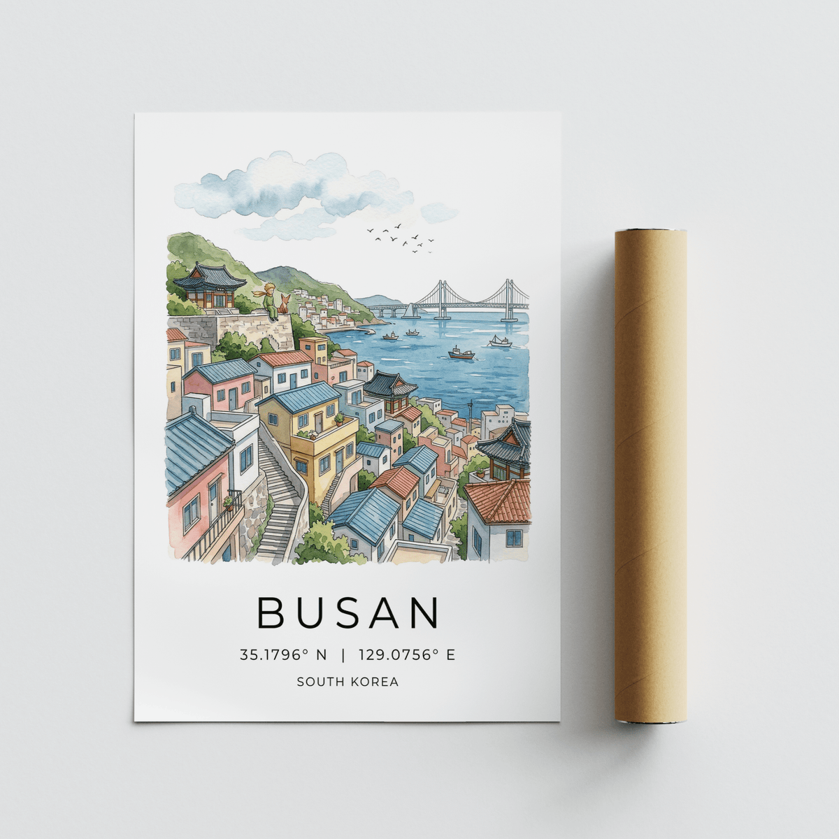 Busan South Korea Art Print showing seaside town and long bridge