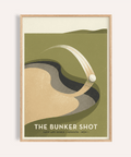 Golf Bunker Art Print with sweeping ball trajectory over stylized sand trap