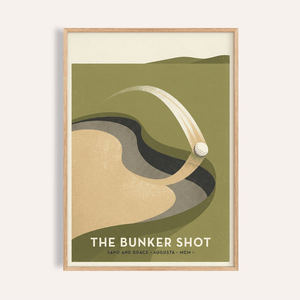 Golf Bunker Art Print with sweeping ball trajectory over stylized sand trap