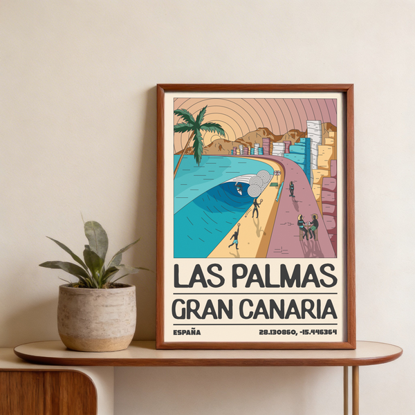 Las Palmas Art Print graphic seaside poster with surfers