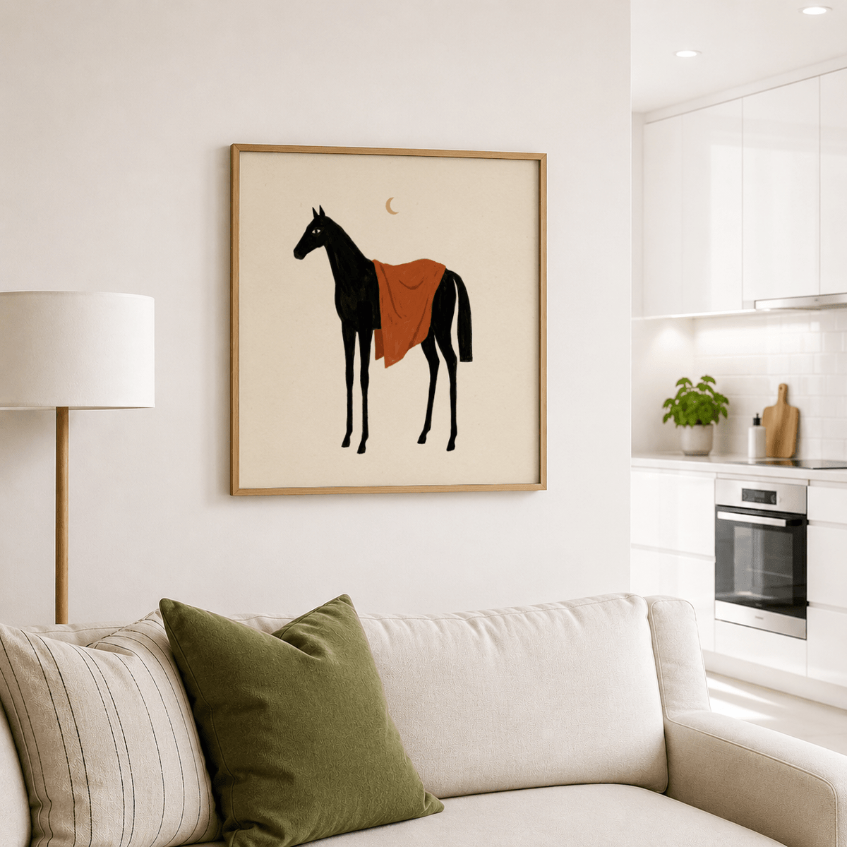 Stylized horse print with cloth over the back and a crescent moon