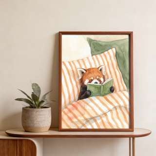 Front-view Red Panda Reading Art Print featuring a red panda peeking over an open book