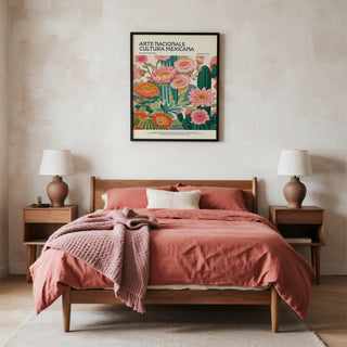 Bright pink florals and green succulents in a Vintage Mexican Poster design.